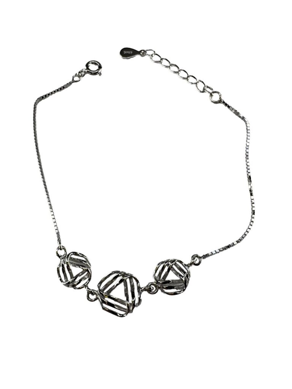 925 Sterling Silver Filigree Flower Bracelet Dainty Box Chain 160mm, 2.42g